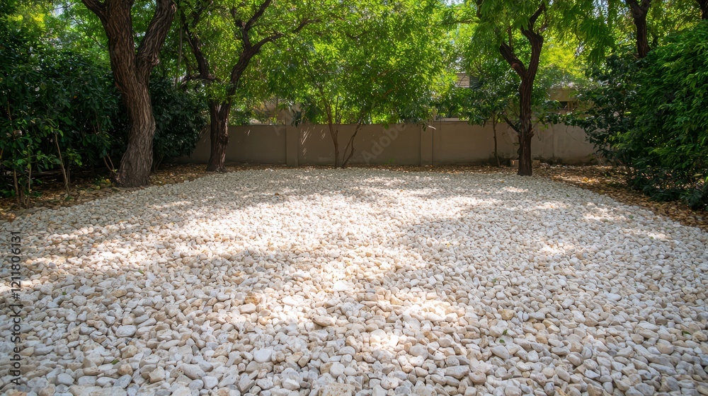 Serene Courtyard with Smooth Stones Surrounded by Lush Green Trees and Tranquil Atmosphere Serene Courtyard with Smooth Stones Surrounded by Lush Green Trees and Tranquil Atmosphere