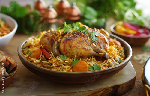 Chicken biryani dish, all set against a backdrop of traditional Indian kitchen elements photo