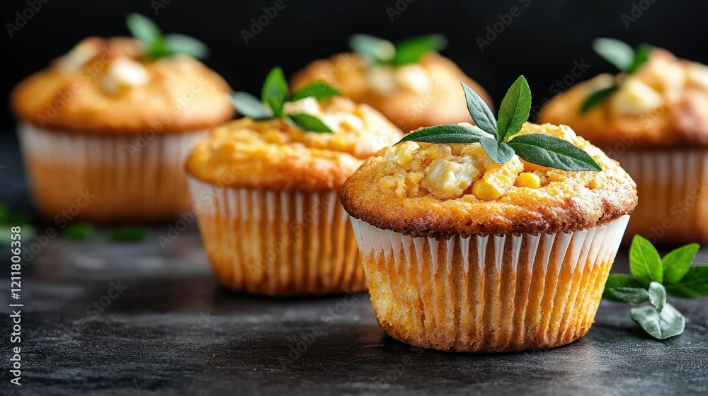 Delicious corn muffins with cheese, garnished with mint, on a dark surface. Food photography for recipe blogs Delicious corn muffins with cheese, garnished with mint, on a dark surface. Food photography for recipe blogs