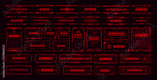 Futuristic warning alert HUD frames. Danger warning HUD red windows or boxes set. Security alert isolated vector transparent display or caution, attention system window frame with exclamation marks
