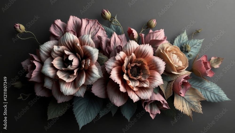 Intricate paper flowers bloom against a dark backdrop, showcasing exquisite craftsmanship and artistic expression Intricate paper flowers bloom against a dark backdrop, showcasing exquisite craftsmanship and artistic expression
