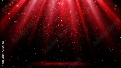 A dramatic display of red light rays with floating particles, creating an atmospheric effect, evoking mystery and depth in a cinematic environment with glowing ambiance and visual intensity