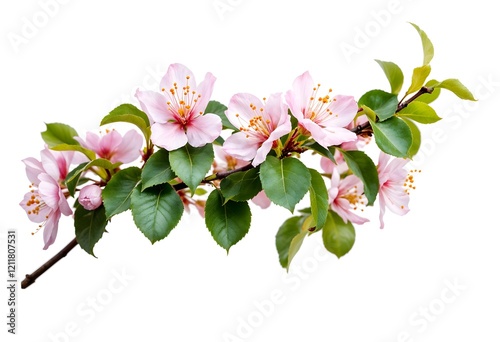 Pink blossoms branch, spring bloom, isolated white background, floral design element