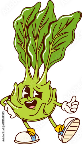 Groovy kohlrabi cabbage vegetable character. Agriculture ripe cabbage groovy isolated vector personage. Farming market fresh veggie funny mascot. Vegetarian food organic kohlrabi vegetable character