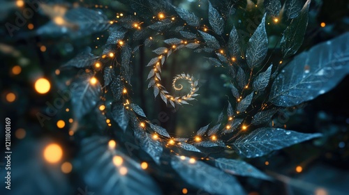 Leaves forming a spiral pattern in mid-air, glowing with soft light photo