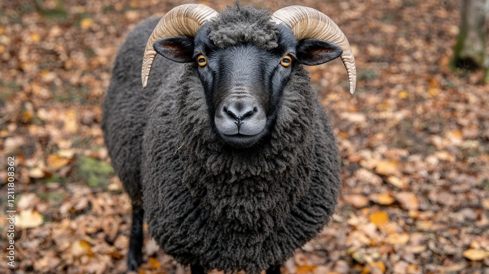 Black sheep, large horns, autumn leaves. Black sheep, large horns, autumn leaves.