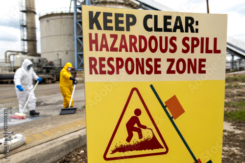 A warning sign indicating a hazardous spill response zone, featuring workers in protective gear cleaning up a spill in an industrial area.