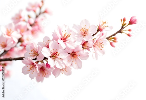 Pink cherry blossoms branch, spring bloom, white background, floral design
