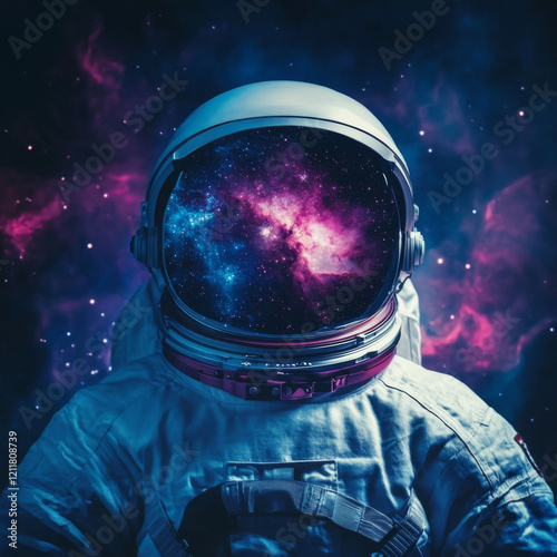 Astronaut in space suit with colorful nebula and galaxy reflecting on helmet visor. Front view astronaut portrait. Space exploration