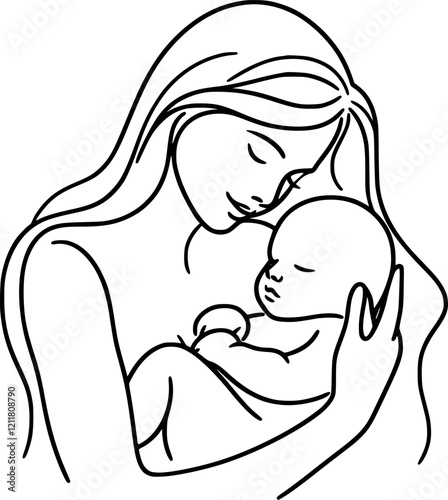 A black and white line art drawing depicts a mother cradling a holding baby.