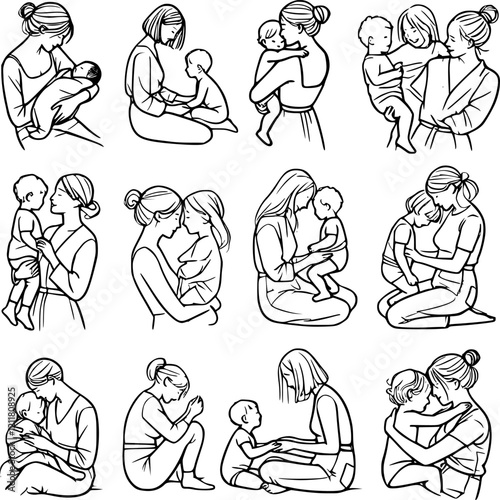 A set of black and white line art illustrations depicting various loving interactions between mothers and children.