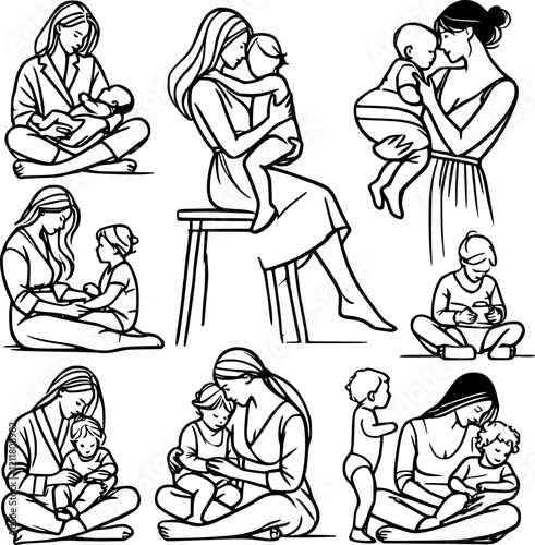 A set of black and white line art illustrations depicting various loving interactions between mothers and children.