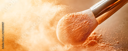 A close-up of a fluffy makeup brush gently dusting powder onto radiant skin. Make-up concept.