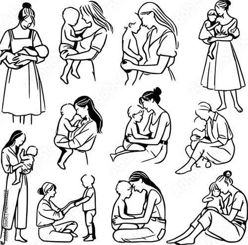 A set of black and white line art illustrations depicting various loving interactions between mothers and children.