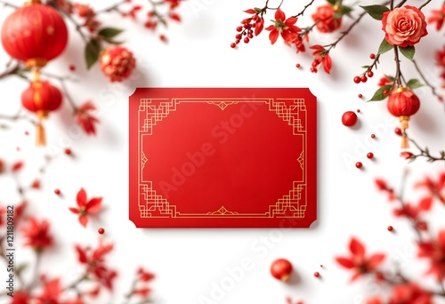 Red card, floral frame, lanterns, white background, holiday design