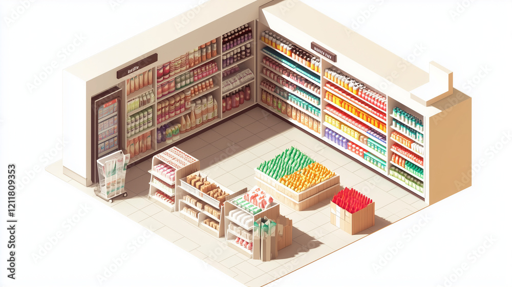 Isometric supermarket interior scene Isometric supermarket interior scene