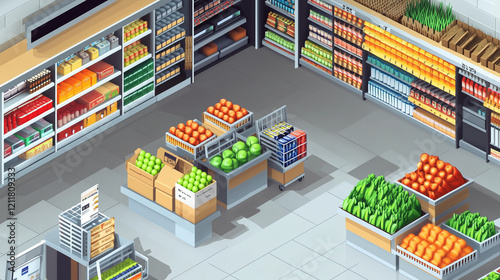 Isometric supermarket interior scene