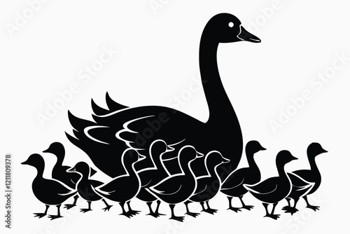 Black and white silhouettes of a duck family with duck