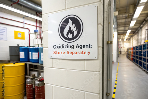 A safety sign indicating the need to store oxidizing agents separately, set in an industrial environment with various chemical containers. photo