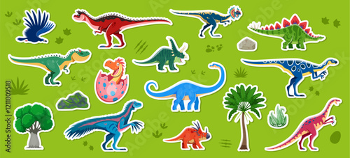Dinosaur characters stickers of cartoon prehistoric dino lizards, vector icons. Kids funny dinosaurs collection of Jurassic dino lizards and eggs of cartoon allosaurus, stegosaurus and datousaurus