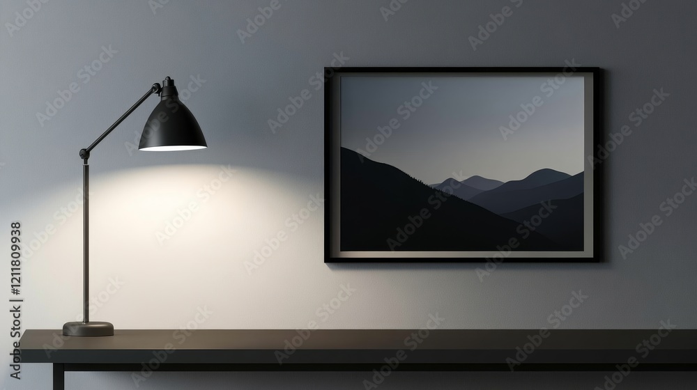 Fototapeta premium Modern interior featuring a sleek lamp illuminating a mountain landscape art piece on a shelf