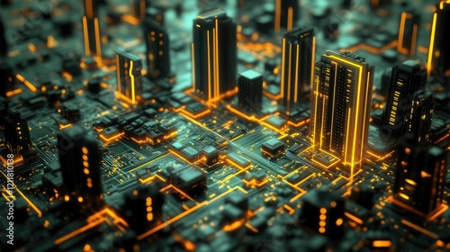Neon-lit circuit boards a cityscape