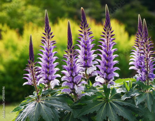 Tall purple lupine flowers stand in full bloom against a blurred green garden background.