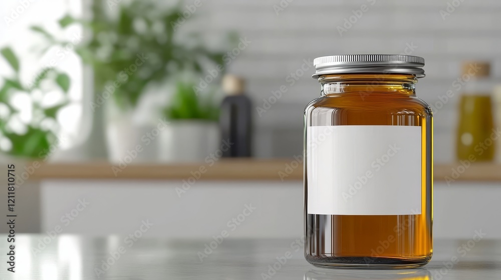 Glass jar filled with amber liquid on a kitchen counter, surrounded by plants and bottle Glass jar filled with amber liquid on a kitchen counter, surrounded by plants and bottle