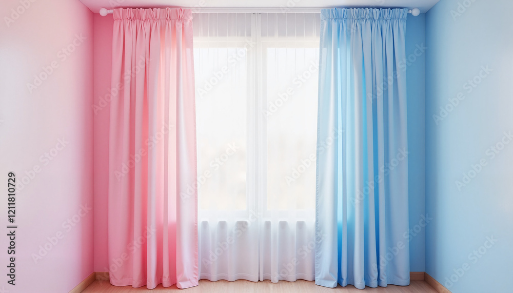 Pastel pink and blue curtains creating soft ambiance at home, interior design Pastel pink and blue curtains creating soft ambiance at home, interior design