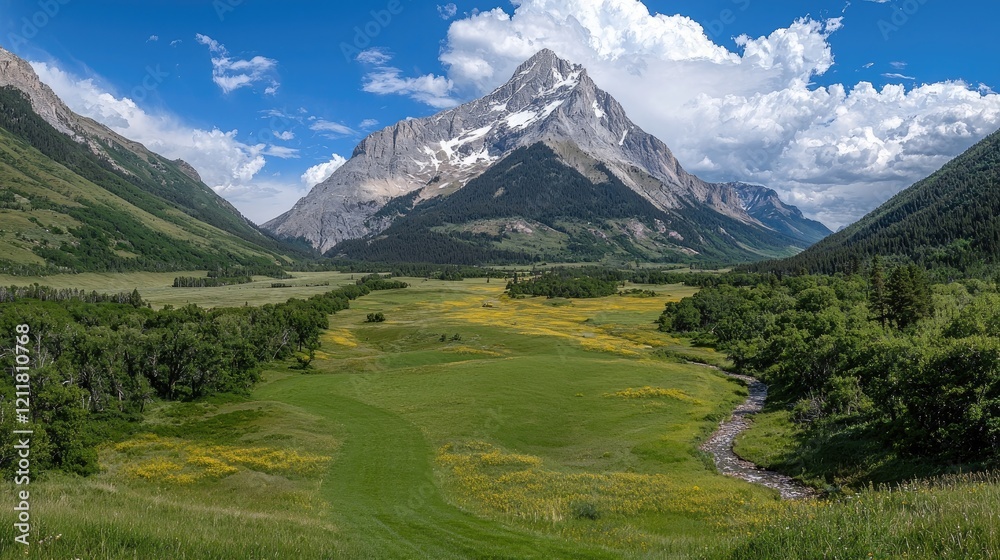 Fototapeta premium Majestic rocky mountain peak towers over a lush green valley with a winding stream under a blue sky.