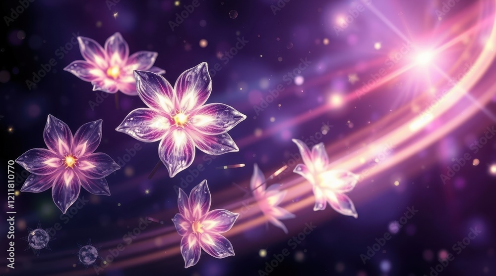 Blooming cosmic flowers floating through a mystical galaxy at twilight Blooming cosmic flowers floating through a mystical galaxy at twilight