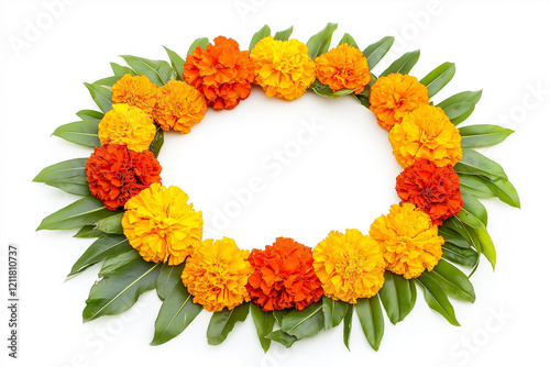 Orange and yellow Marigold Flower and mango leaf garland decoration for indian Ugadi festival. Indian festive decoration on white background photo