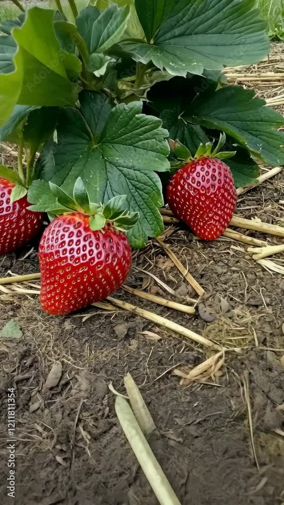 Fresh ripe strawberries growing on a farm in bright sunlight during the summer season