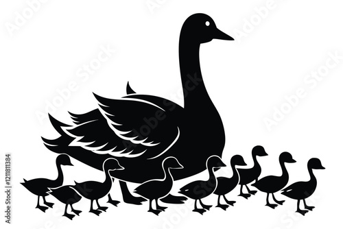 Black and white silhouettes of a duck family with duck