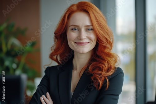 Pleased cheerful red haird female economist develops financial startup project, poses in office interior, works in business sphere, dressed in formal clothes, has happy expression, owns company, Gener photo