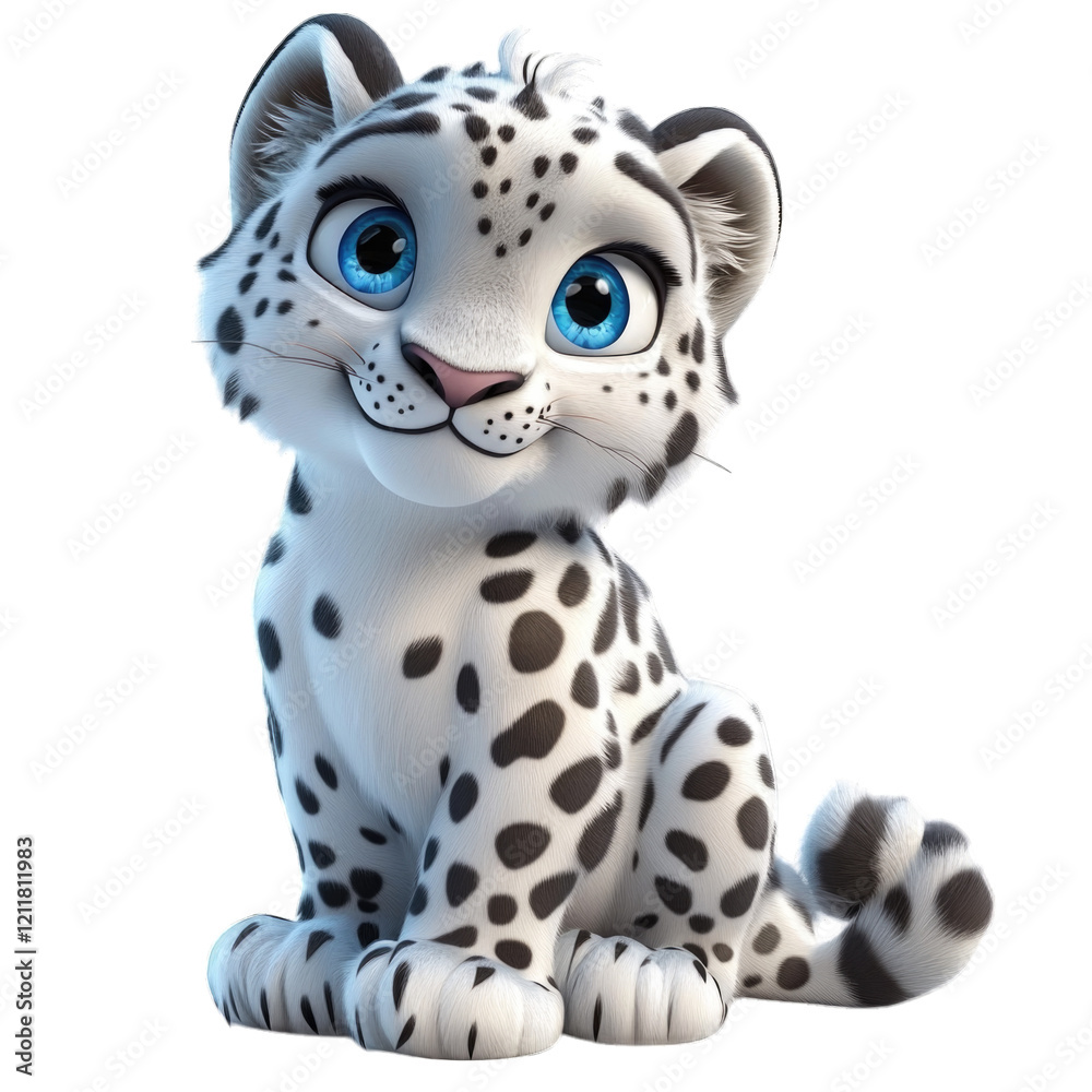 Obraz premium 3D Cartoon cute snow leopard character sitting with big blue eyes and playful expression, isolated on transparent background, PNG