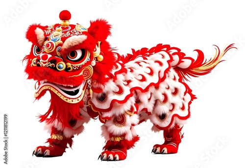 Red lion dance costume, isolated, celebration, Asian, festival, New Year, tradition,  culture, white background, graphic design