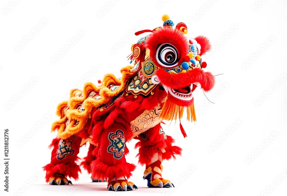 Obraz premium Red lion dance costume, studio shot, celebration, white background, festival