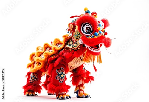 Red lion dance costume, studio shot, celebration, white background, festival