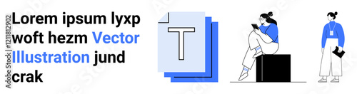 Individuals in relaxed clothing interacting with books and documents alongside random text and stacked letter icons. Ideal for education, reading, typography, design, casual attire, interpersonal