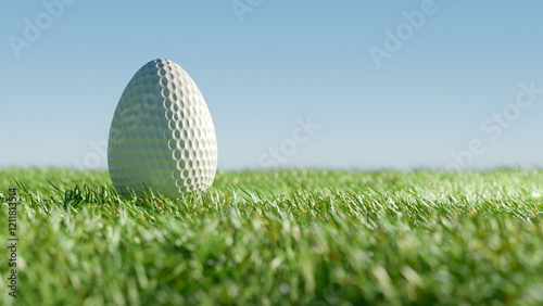 Easter golf ball shaped like an egg on green grass under a clear sky. 3d rendering