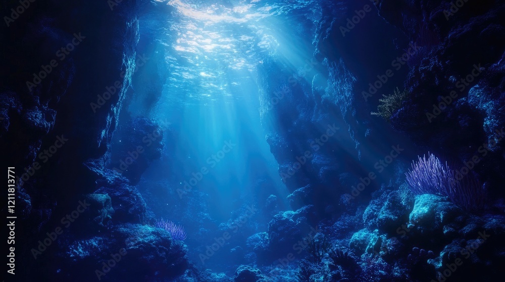 Underwater scenery in the deep ocean, where sunlight breaks through, lighting up the serene sea floor Underwater scenery in the deep ocean, where sunlight breaks through, lighting up the serene sea floor