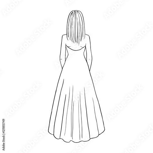 woman with long straight hair standing with back in long bustier dress - hand drawn line art