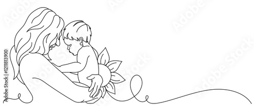 vector illustration of mother holding baby, line art style. mother's day design element