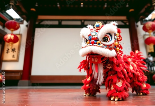Red lion dance, temple courtyard, festival, performance, China