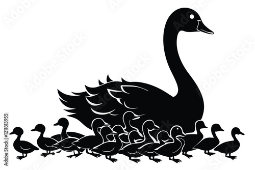 Black and white silhouettes of domestic ducks with ducklings in different poses