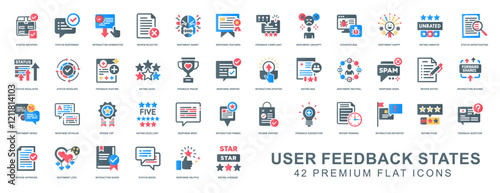 user feedback states set 42 flat icons, positive negative ratings comments interactions, frustration disappointment delight anger