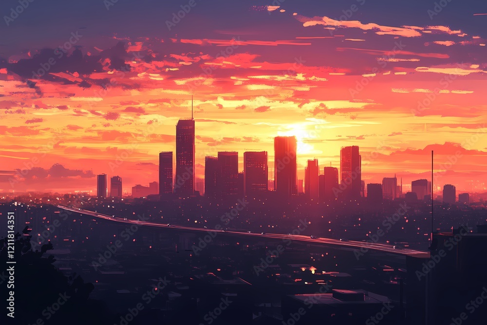 Fototapeta premium City Skyline Sunset Vibrant Orange Hues