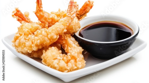 A plate of crispy tempura shrimp served with a side of soy dipping sauce, Each shrimp perfectly battered and fried to golden-brown perfection