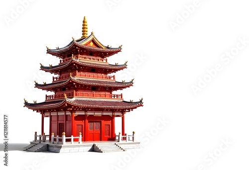 Red Pagoda, Asian Architecture, White Background, 3D Render, Design
